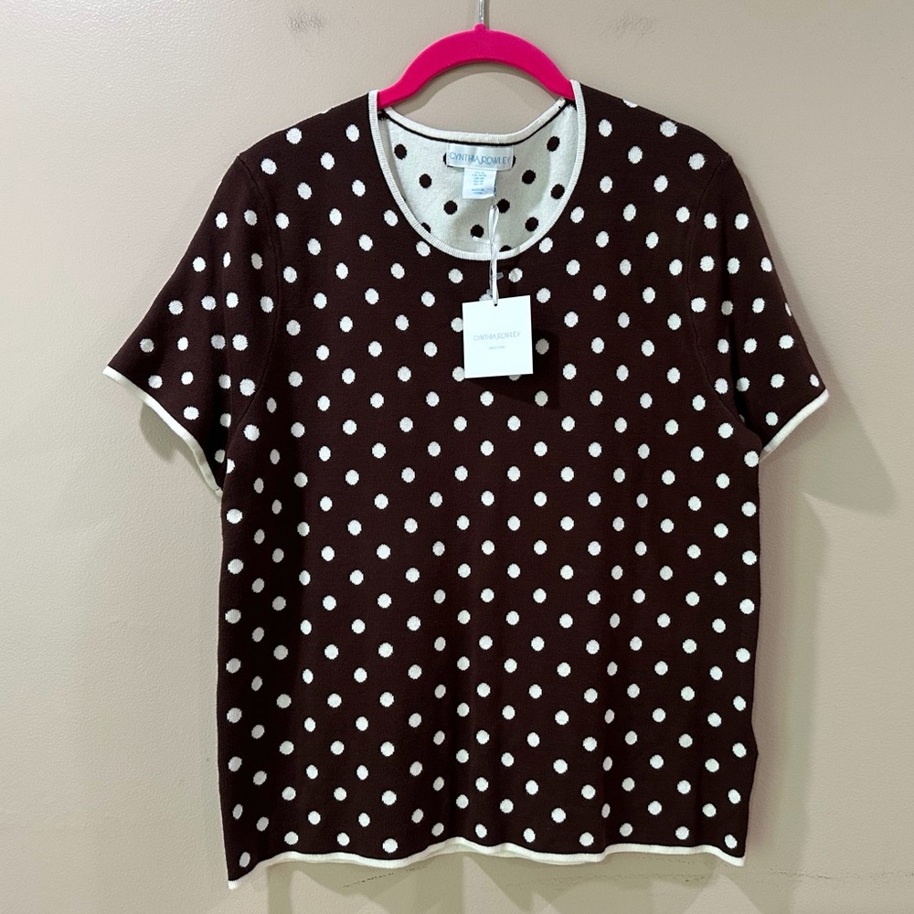 Cynthia Rowley Womens M Polka Dot Knit Top Short Sleeve Brown White Trim Sweater